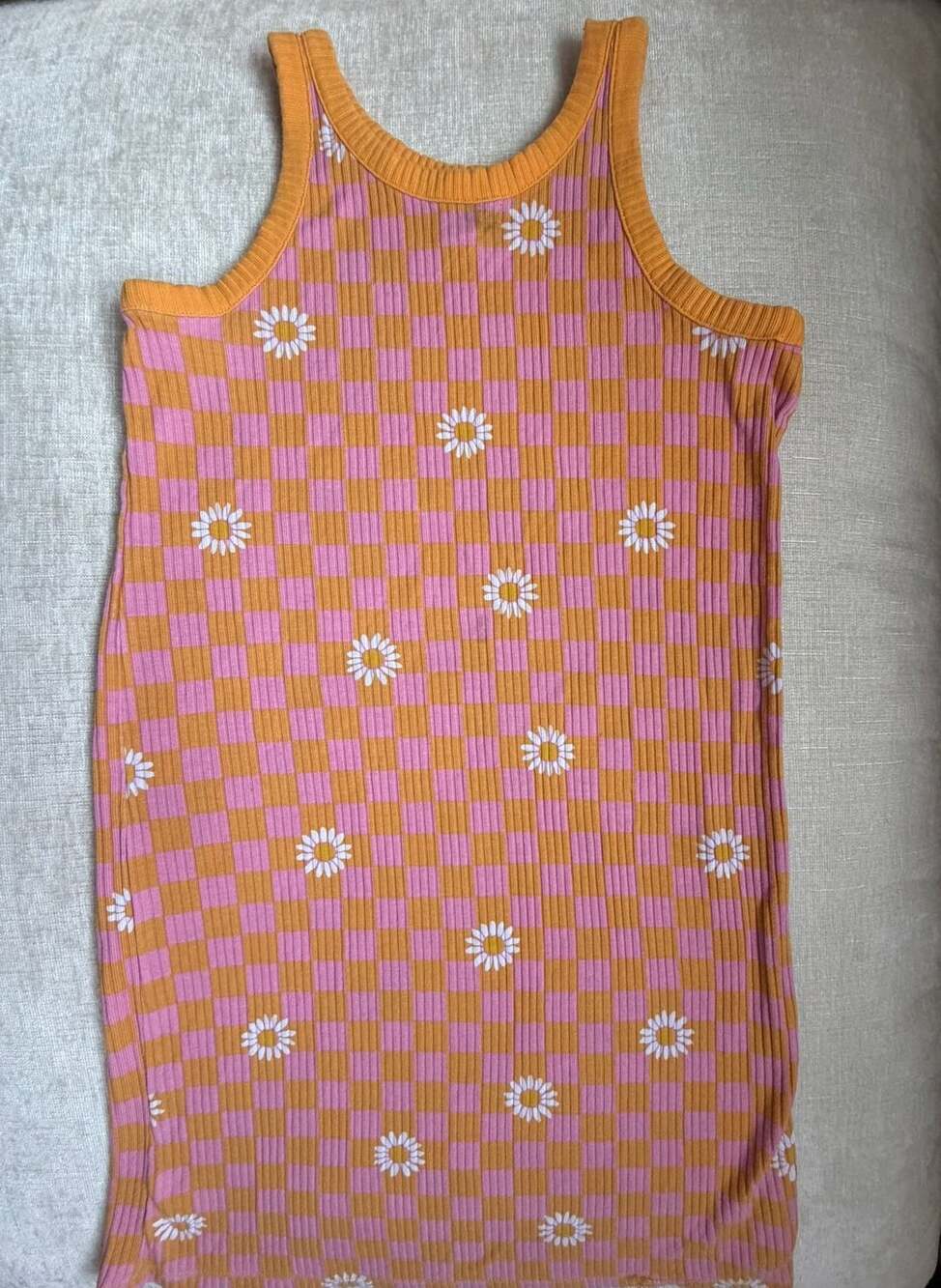 Old Navy Pink Yellow Checkered Daisy Floral Ribbed Tank Top Girls L 10-12